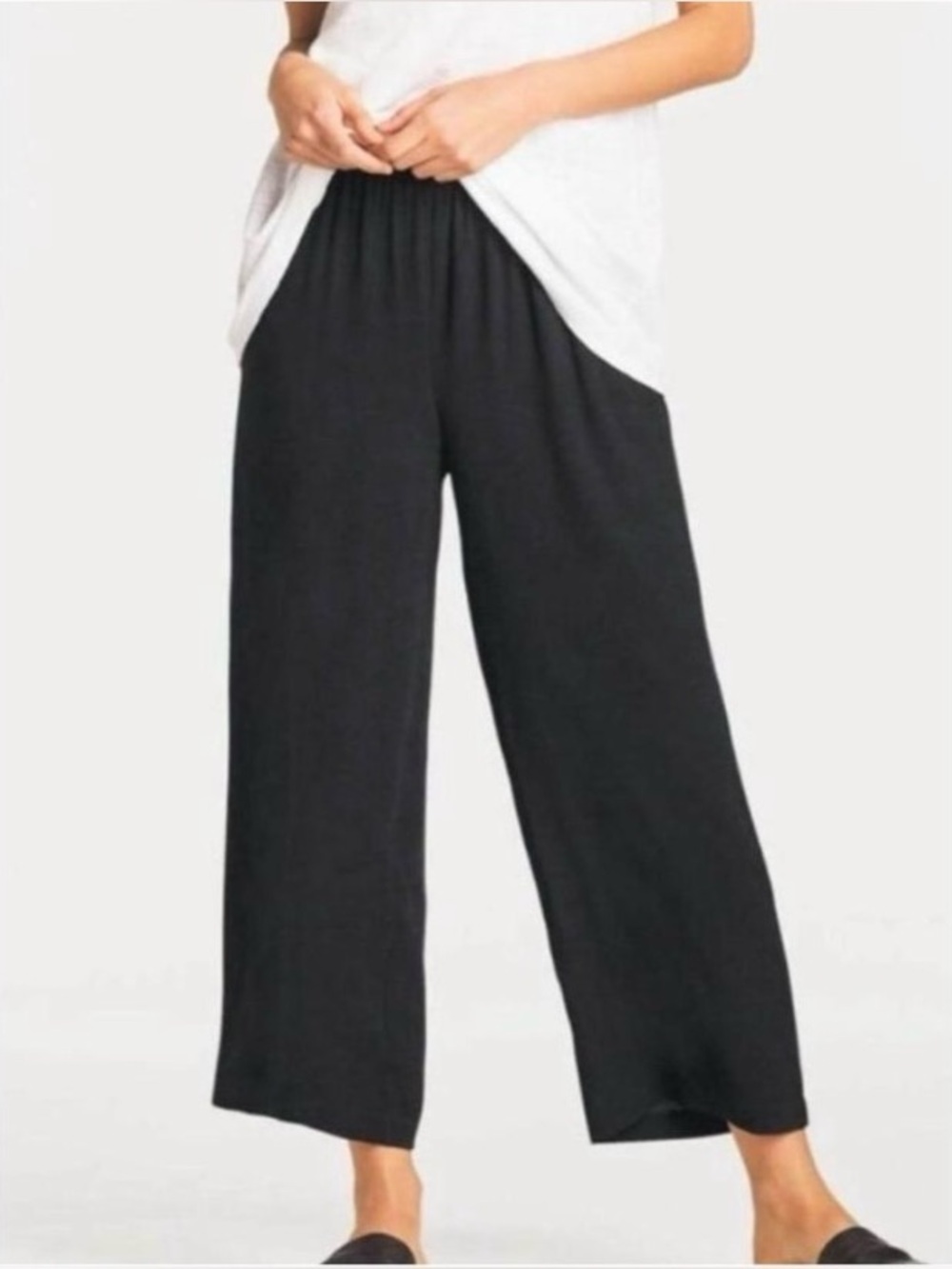 Eileen Fisher Tencel Lyocell Wide Leg Black Elastic Waist Pants  XL